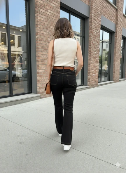 Kadın Siyah Jean İspanyol Paça Yüksek Bel Dikiş Detaylı Flare Kot Pantolon - Resim 2