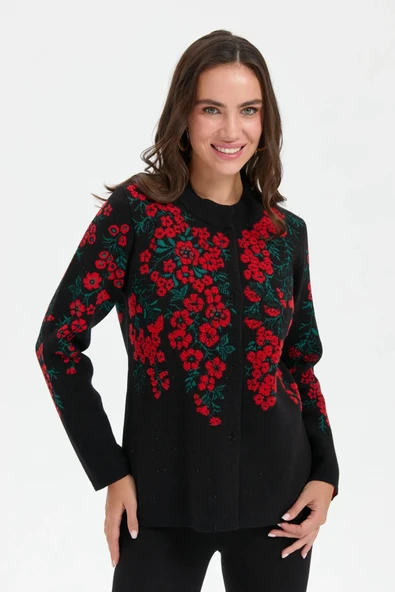 24019 DESEN TRİKO ÜSTÜ PTIRCIK ÇİÇEKLİ DİK YAKA KISA KABAN - Resim 10