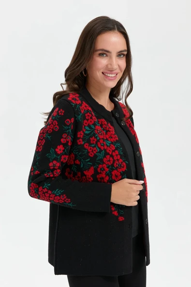 24019 DESEN TRİKO ÜSTÜ PTIRCIK ÇİÇEKLİ DİK YAKA KISA KABAN - Resim 11