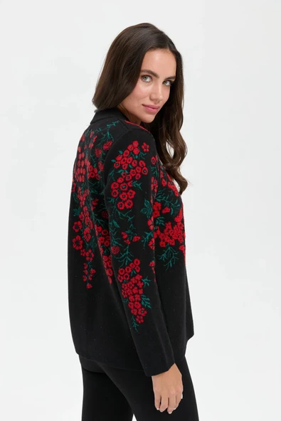 24019 DESEN TRİKO ÜSTÜ PTIRCIK ÇİÇEKLİ DİK YAKA KISA KABAN - Resim 12