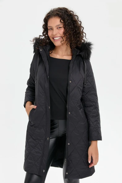 24410 DESEN TFS BAKLAVA DESEN KAPŞONLU KÜRKLÜ KAPİTONE KABAN - Resim 9