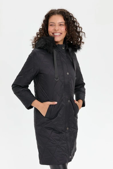 24410 DESEN TFS BAKLAVA DESEN KAPŞONLU KÜRKLÜ KAPİTONE KABAN - Resim 4