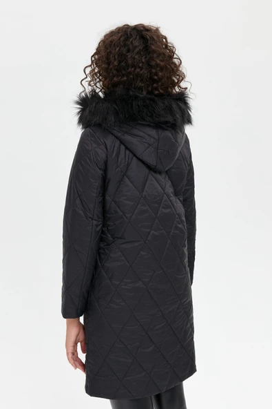 24410 DESEN TFS BAKLAVA DESEN KAPŞONLU KÜRKLÜ KAPİTONE KABAN - Resim 7