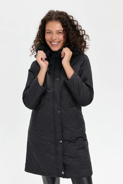 24410 DESEN TFS BAKLAVA DESEN KAPŞONLU KÜRKLÜ KAPİTONE KABAN - Resim 3