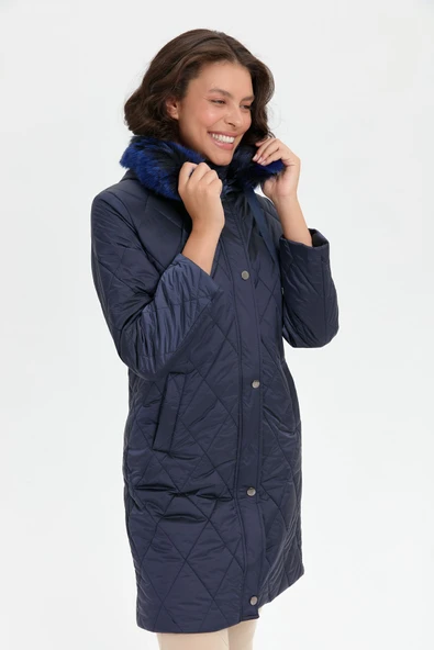 24410 DESEN TFS BAKLAVA DESEN KAPŞONLU KÜRKLÜ KAPİTONE KABAN - Resim 11