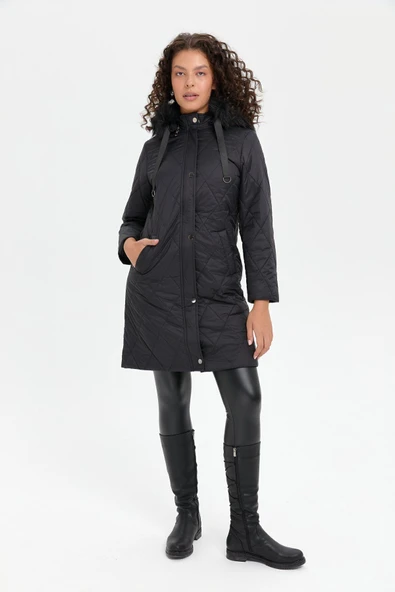 24410 DESEN TFS BAKLAVA DESEN KAPŞONLU KÜRKLÜ KAPİTONE KABAN - Resim 2