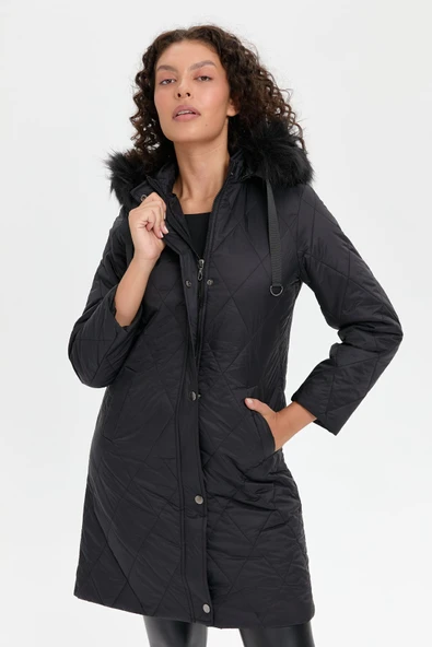 24410 DESEN TFS BAKLAVA DESEN KAPŞONLU KÜRKLÜ KAPİTONE KABAN - Resim 8