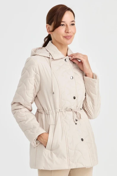 23401 DESEN TFS KEMİK DESEN KAPŞONLU BELİ BAĞCIKLI KAPİTONE KABAN - Resim 10