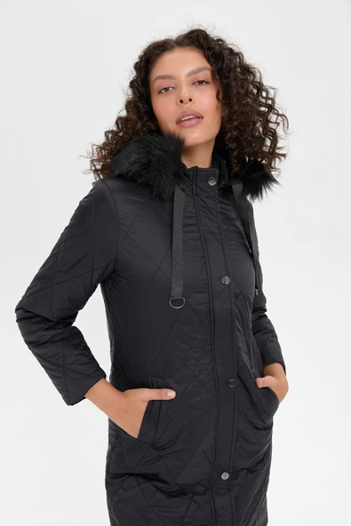 24410 DESEN TFS BAKLAVA DESEN KAPŞONLU KÜRKLÜ KAPİTONE KABAN - Resim 5