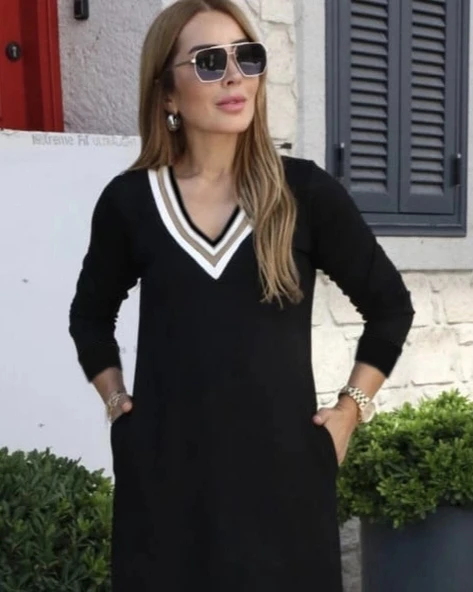 MDB Kadın Uzun Kollu V şerit Yakalı Viskon Iki Iplik Elbise - Resim 3