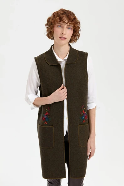 24002 DESEN TRİKO CEP ÜSTÜNDEN İŞLEMELİ POLO YAKA ÖNÜ AÇIK UZUN YELEK - Resim 11