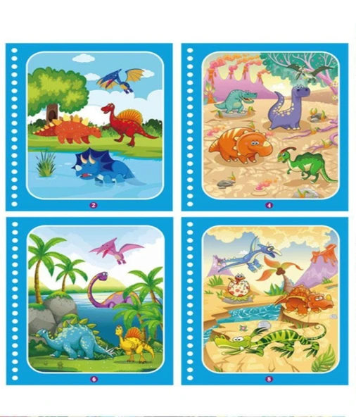 DİNAZORLAR ve ORMAN Magic Book Eğitici İngilizce Sihirli Boyama Kitabı Su Kalemi Water Painting Mavi - Resim 2