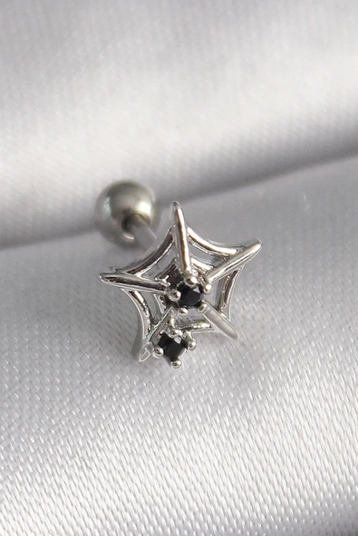 316L Çelik Gümüş Renk Siyah Zirkon Taş Detay Örümcek Ağ Model Tragus Piercing - Resim 2