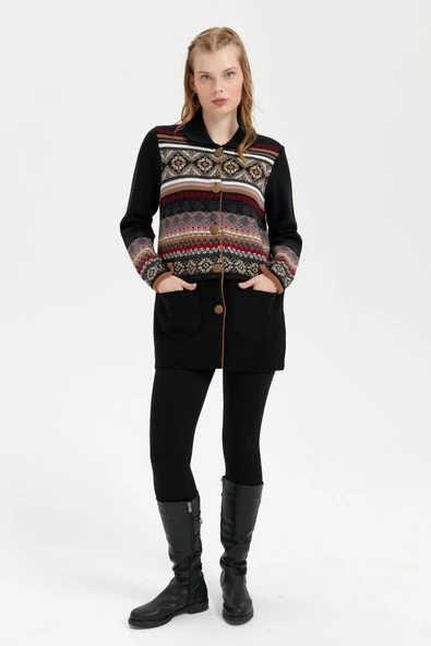 24078 DESEN TRİKO KOL UCU VE ÜZERİ JAKARLI ETEĞİ KEÇELİ POLO YAKA ARA BOY KABAN - Resim 10