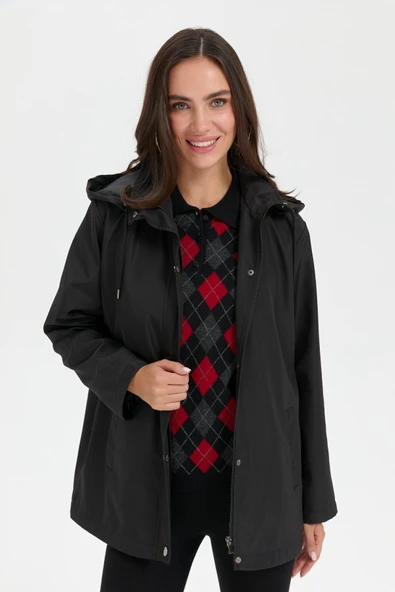 24417 DESEN TFS YAN CEPLİ DEVRİK YAKA KAPŞONLU KISA TRENÇKOT - Resim 9