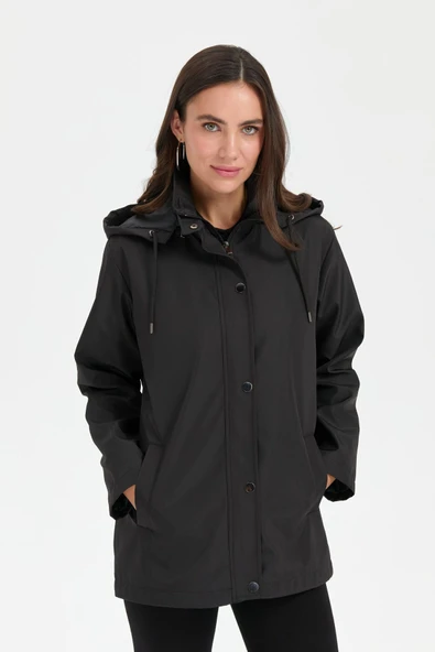 24417 DESEN TFS YAN CEPLİ DEVRİK YAKA KAPŞONLU KISA TRENÇKOT - Resim 4