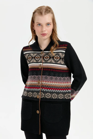 24078 DESEN TRİKO KOL UCU VE ÜZERİ JAKARLI ETEĞİ KEÇELİ POLO YAKA ARA BOY KABAN - Resim 11