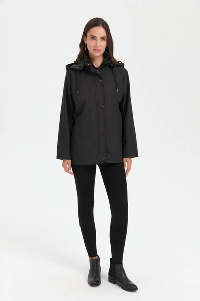 24417 DESEN TFS YAN CEPLİ DEVRİK YAKA KAPŞONLU KISA TRENÇKOT - Resim 3