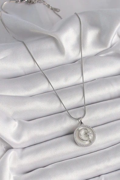 316L Çelik Gümüş Renk Zincir Zirkon Taş Detaylı Beyaz Sedefli Ay Yıldız İşleme Kadın Kolye ürün görseli 1