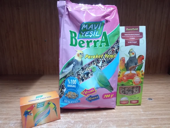 Mavi Yeşil Berra Sultan,cennet Paraket Yemi 700 Gram+1 Paket (3 Adet ) Ballı Paraket Krakeri+1 Adet Paraket Gaga Taşı ürün görseli