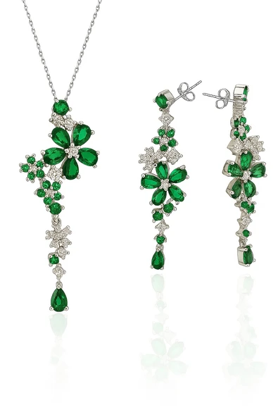 Pırlanta Model Zümrüt Işıltısı Çiçek Demeti Kadın Gümüş Set ürün görseli