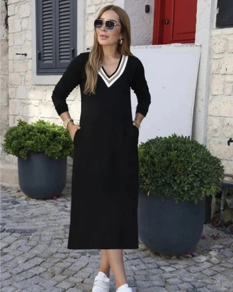 MDB Kadın Uzun Kollu V şerit Yakalı Viskon Iki Iplik Elbise - Resim 2