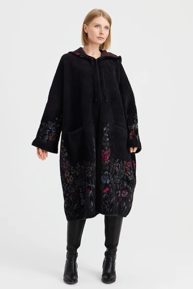 23065 DESEN TRİKO ETEĞİ KOL AĞZI KAPŞONLU KIRÇİÇEĞİ DESENLİ AFRODİT PANÇO - Resim 4