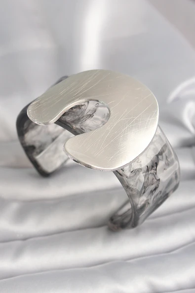 Siyah Mermer Desen Akrilik Plaka Vintage Kadın Bilezik - Resim 2