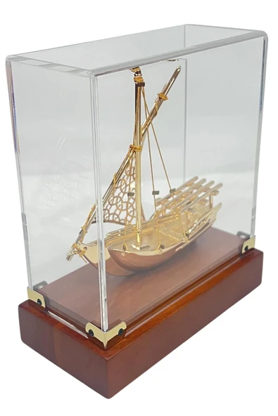 Pirinç Yelkenli Gemi Altın Kaplama Katar Dhow Teknesi Kutulu No.3 - Resim 11