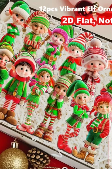 12'li Ahşap Elf Noel Ağacı Süs Seti | 2D Düz Baskı Renkli Asma Dekorları / Ev & Parti Dekoru - Resim 3