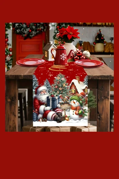 Ekstra Uzun Noel Masa Örtüsü | Bordo / Altın / Yeşil / Gri / Kahverengi Seçenekli Polyester Yılbaşı Sofra Dekoru (1 Adet) - Resim 7