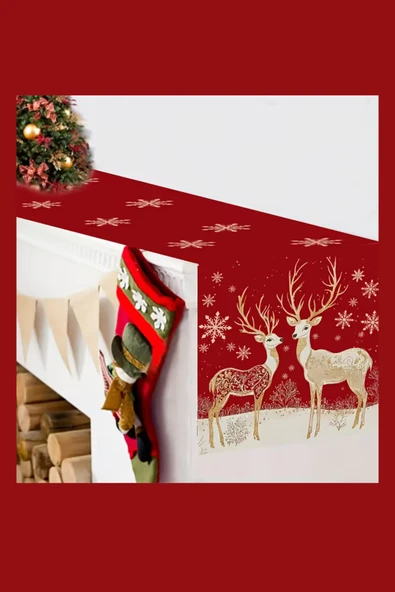Bordo Altın Noel Masa Örtüsü | Geyik ve Kar Tanesi Desenli Dikdörtgen Yılbaşı Sofra Dekoru (1 Adet) - Resim 2