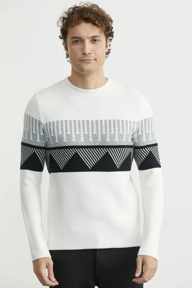 Çift Renk Motifli Triko Kazak - Kemik - Resim 2