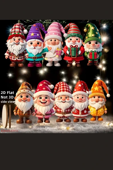 10'lu Ahşap Noel Cüce Süs Seti | 2D Düz Baskı Renkli Asma Dekorları / Ev & Parti & Hediye Etiketi - Resim 5
