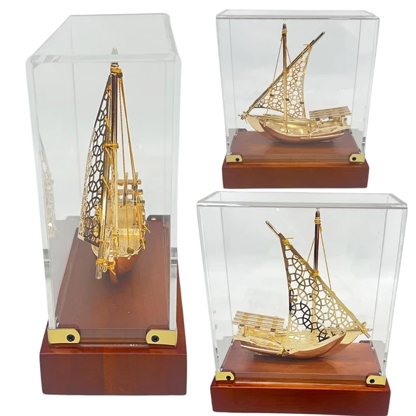 Pirinç Yelkenli Gemi Altın Kaplama Katar Dhow Teknesi Kutulu No.3 - Resim 5
