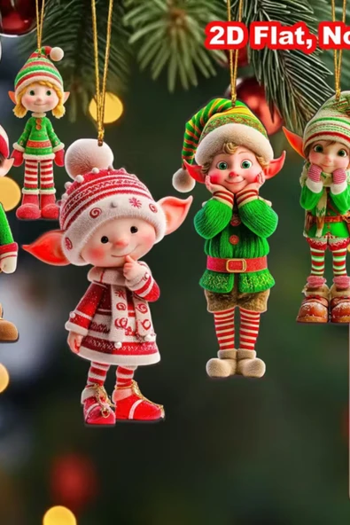 12'li Ahşap Elf Noel Ağacı Süs Seti | 2D Düz Baskı Renkli Asma Dekorları / Ev & Parti Dekoru - Resim 6