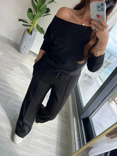 MDB Kadın Uzun Kollu Tek Omuzdan Açık Modal Bluz Ve Pantolon Ikili Takım - Resim 6