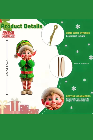12'li Ahşap Elf Noel Ağacı Süs Seti | 2D Düz Baskı Renkli Asma Dekorları / Ev & Parti Dekoru - Resim 8
