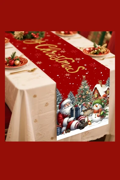 Ekstra Uzun Noel Masa Örtüsü | Bordo / Altın / Yeşil / Gri / Kahverengi Seçenekli Polyester Yılbaşı Sofra Dekoru (1 Adet) - Resim 5