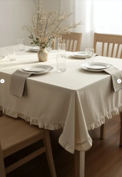YUNUSOĞLU HOME Fırfırlı Krem Pamuklu Masa Örtüsü Şık ve Zarif Tasarım ürün görseli