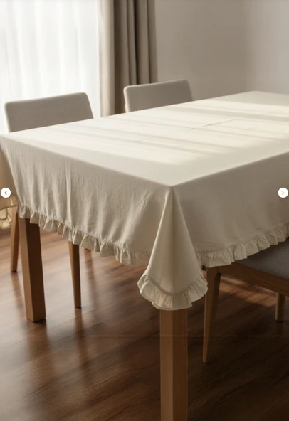 YUNUSOĞLU HOME Fırfırlı Krem Pamuklu Masa Örtüsü Şık ve Zarif Tasarım - Resim 3