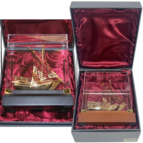 Pirinç Yelkenli Gemi Altın Kaplama Katar Dhow Teknesi Kutulu No.3 - Resim 3