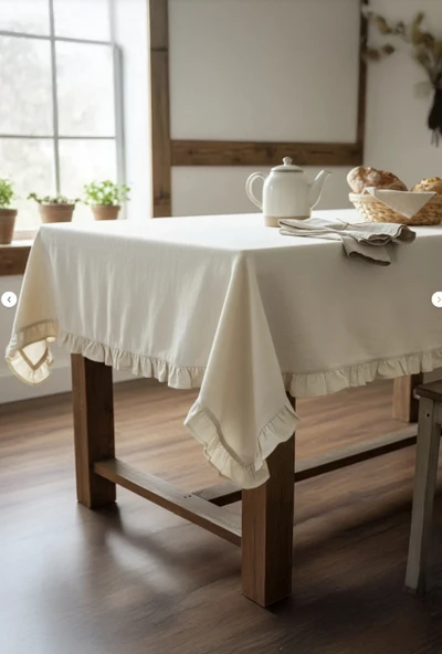 YUNUSOĞLU HOME Fırfırlı Krem Pamuklu Masa Örtüsü Şık ve Zarif Tasarım - Resim 2