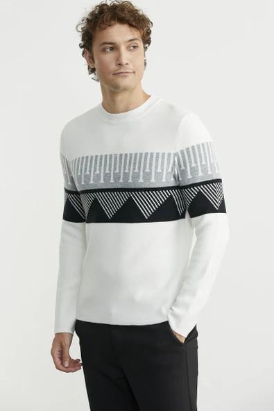 Çift Renk Motifli Triko Kazak - Kemik - Resim 4