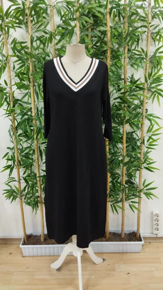 Lucky Life Kadın Uzun Kollu V şerit Yakalı Viskon Iki Iplik Elbise - Resim 6