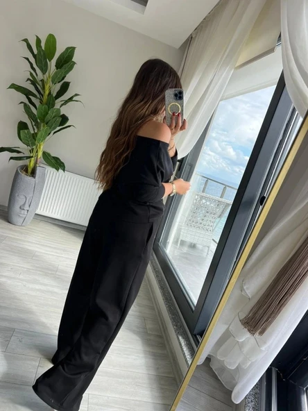 MDB Kadın Uzun Kollu Tek Omuzdan Açık Modal Bluz Ve Pantolon Ikili Takım - Resim 4