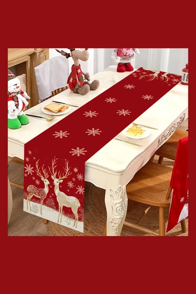 Bordo Altın Noel Masa Örtüsü | Geyik ve Kar Tanesi Desenli Dikdörtgen Yılbaşı Sofra Dekoru (1 Adet) ürün görseli