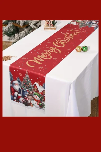 Ekstra Uzun Noel Masa Örtüsü | Bordo / Altın / Yeşil / Gri / Kahverengi Seçenekli Polyester Yılbaşı Sofra Dekoru (1 Adet) - Resim 8