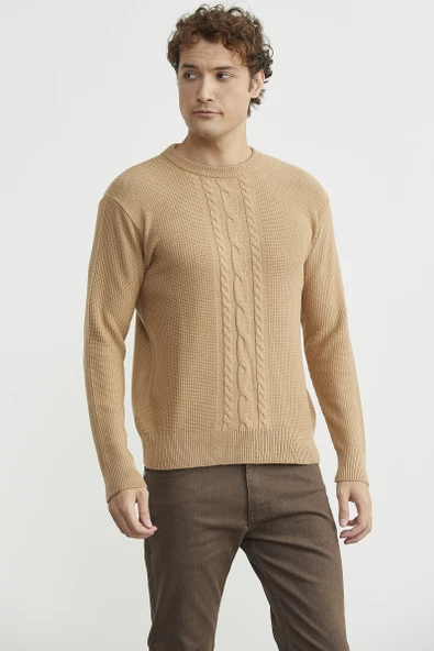 Motif Detaylı Bisiklet Yaka Triko Kazak - Kamel - Resim 4