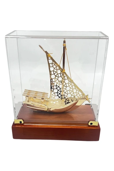 Pirinç Yelkenli Gemi Altın Kaplama Katar Dhow Teknesi Kutulu No.3 - Resim 7